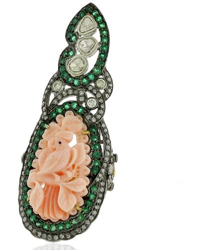 Artisan Carved Coral & Emerald Pave Uncut Diamond In 18k Gold With Silver Long Ring - Green
