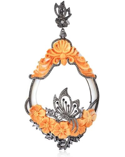 Artisan Carving Shell Cameos Sapphire Pendant 925 Silver 18k Gold Diamond Jewelry - Orange