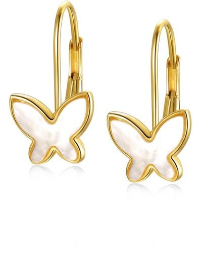 Genevive Jewelry Rachel Glauber Yellow Gold Plated With Mother Of Pearl Butterfly Inlay Dangle Drop Leverback Earrings - Metallic