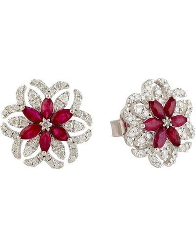Artisan Solid White Gold Natural Diamond Ruby Stud Earrings Handmade Jewellery - Red