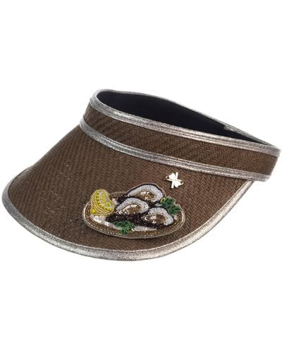 Laines London Straw Woven Visor Embellished With Handmade Oyster Brooch - Brown