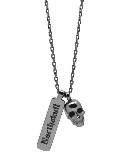 Northskull Atticus Skull Tag Necklace In Oxidised Gunmetal - Black