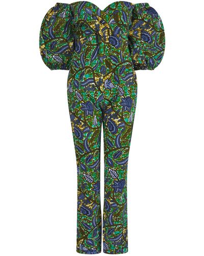 Ohema Ohene Natalie Luxe exaggerated Sleeve African Print Jumpsuit - Green