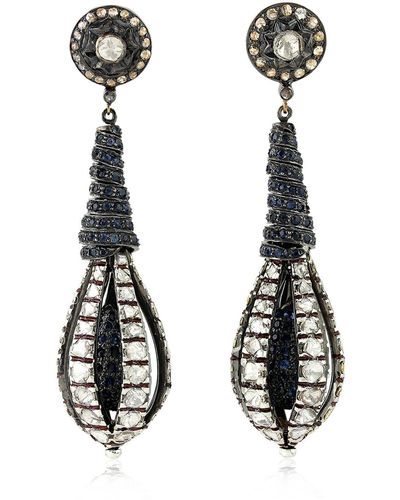 Artisan Sterling Silver Blue Sapphire Natural Uncut Diamond Dangle Earrings Jewelry - Black