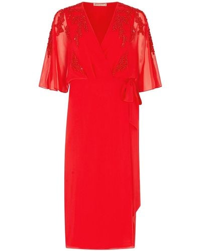 Hope & Ivy The Jolie Embellished Drape Sleeve Midi Wrap Dress With Tie Waist - Red