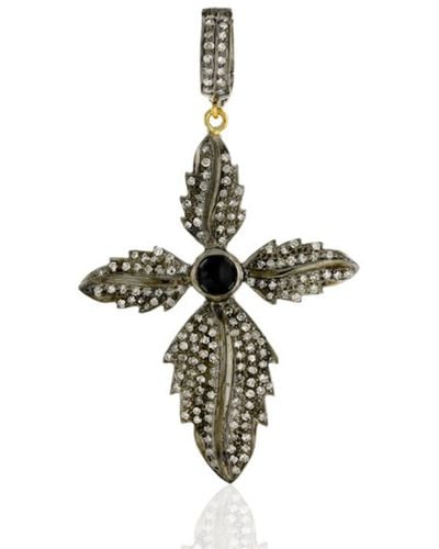 Artisan Diamond 18k Gold Silver Religious Cross Sign Feather Gemstone Pendant Jewelry - Metallic