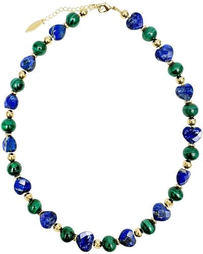 Farra Heart-shaped Lapis With Round Malachite Statement Necklace - Blue