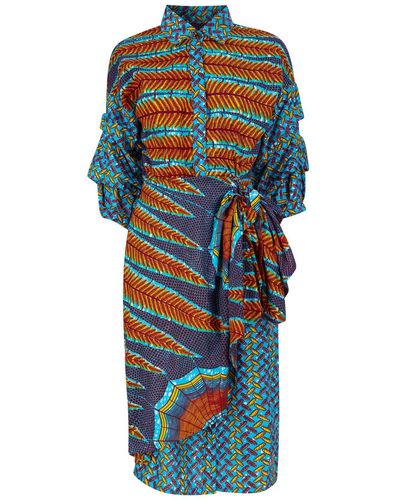 Ohema Ohene Ama African Print Wrapper Front Shirt Dress - Blue