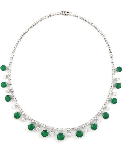 Artisan Natural Diamond & Emerald Choker Necklace In 18k White Gold Handmade - Green