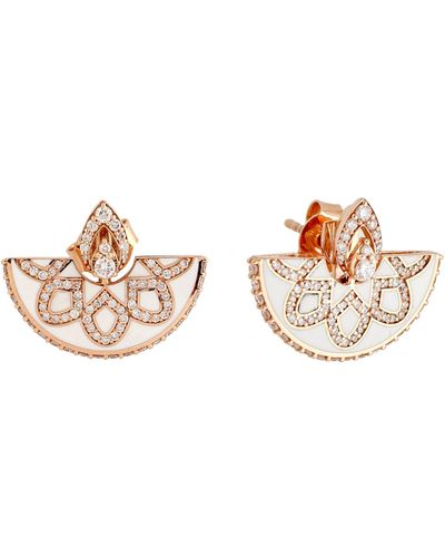 Artisan 18k Rose Gold With Pave Genuine Diamond & Enamel Fan Unique Stud Earrings - Metallic