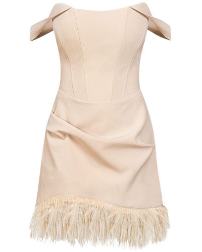 Cliché Reborn Neutrals Mini Corset Dress With Feather Trim - Natural