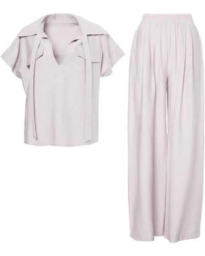 BLUZAT Neutrals Linen Set With Shirt With Pockets And Wide Leg Pants - Pink