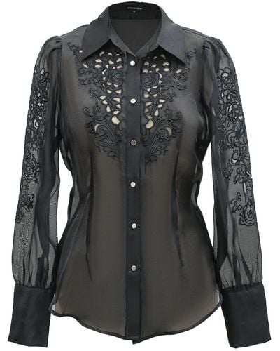 Smart and Joy Embroidered Organza Blouse - Black