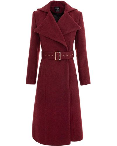 AVENUE No.29 Double Breasted Midi Length Wool Coat With Belt - Red