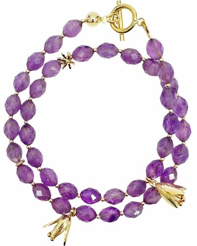 Farra Amethyst With Flower Charms Double Layers Bracelet Or Choker - Purple