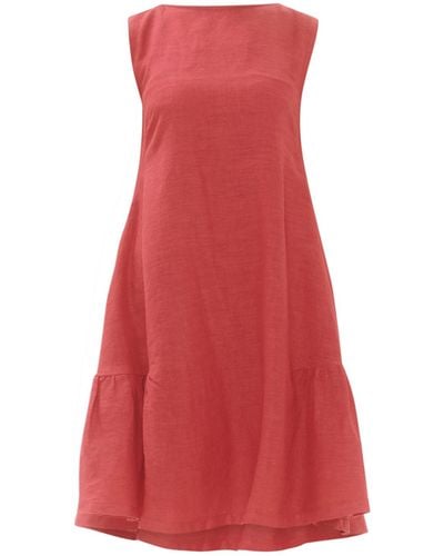 Haris Cotton Smock Linen Dress With Ruffle Hem Coral Reef - Red