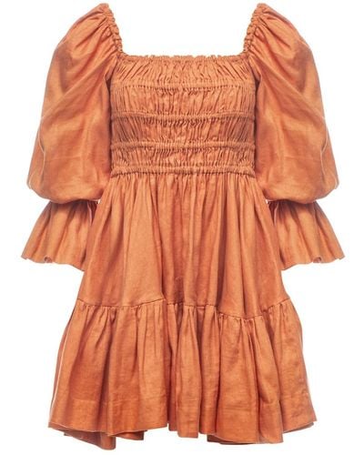 Vasiliki Atelier Amelia Ruched Mini Linen Dress In Rust Orange