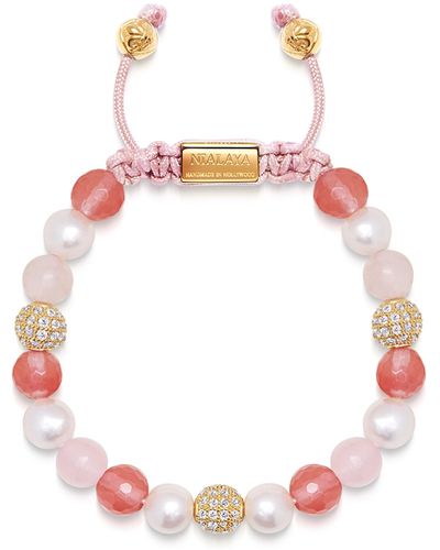 Nialaya Beaded Bracelet With Pearl, Rose Quartz, Cherry Quartz And Gold - Pink