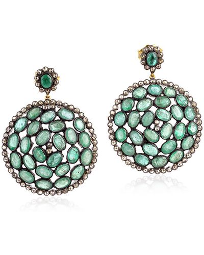 Artisan Natural Emerald Dangle Earrings 925 Silver 14k Yellow Gold Jewelry - Green