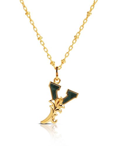 Kasun Plated Y Initial Necklace With Green Marble - Metallic