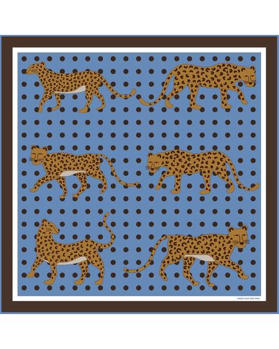Jessie Zhao New York Double Sided Silk Scarf Of Blue Leopards Garden