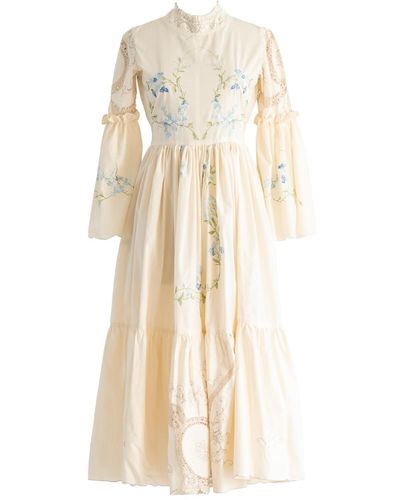 Sugar Cream Vintage Re-design Upcycled Bell Sleeved Floral Embroidery Maxi Dress - Natural
