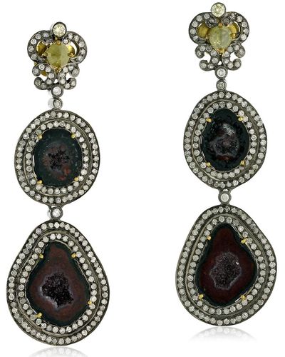 Artisan 18k Yellow Gold Natural Geode Dangle Earrings 925 Sterling Silver Jewelry - Black
