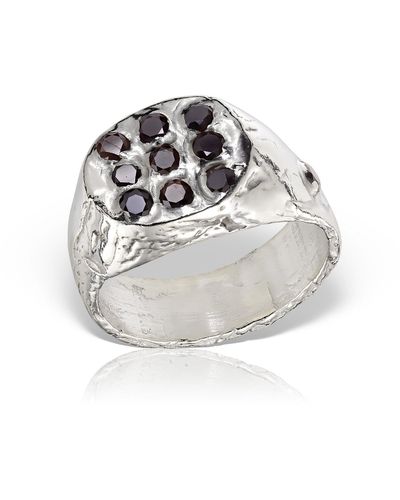 Madeleine Tudora Silver Signet Ring With Black Zirconia - White