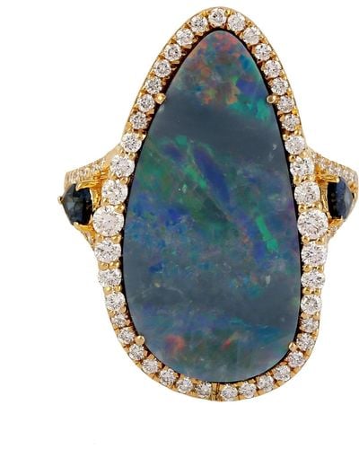 Artisan 18k Gold Blue Sapphire Opal Doublet Natural Diamond Cocktail Ring