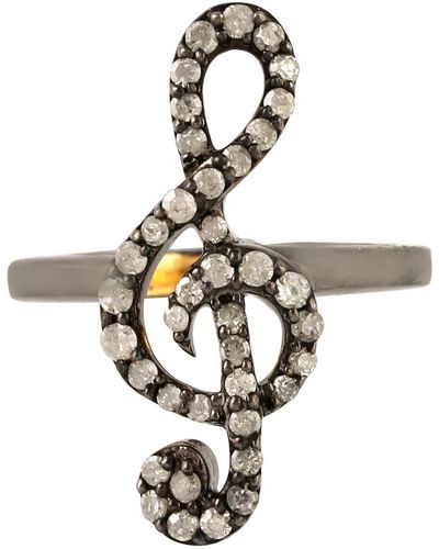 Artisan 18k Gold & 925 Sterling Silver In Pave Diamond Treble Clef Sign Midi Ring Jewellery - Metallic
