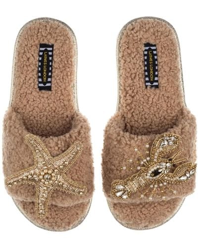 Laines London Teddy Towelling Sliders With Gold Pearl Lobster & Starfish Brooches - Natural