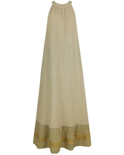 Haris Cotton Neutrals Halter Neck Maxi Linen Dress With Embroidered Cotton Panels - Green