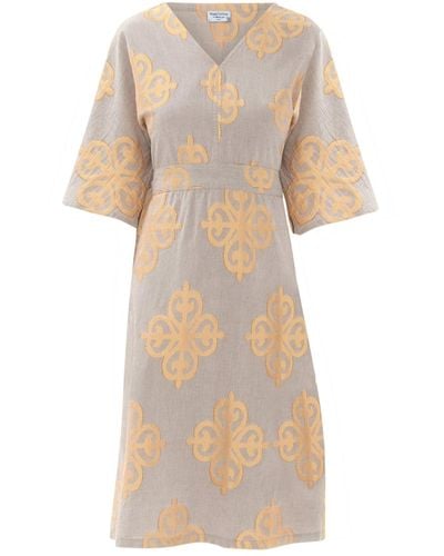Haris Cotton Batwing Sleeve Embroided Linen Dress With Belt - Natural