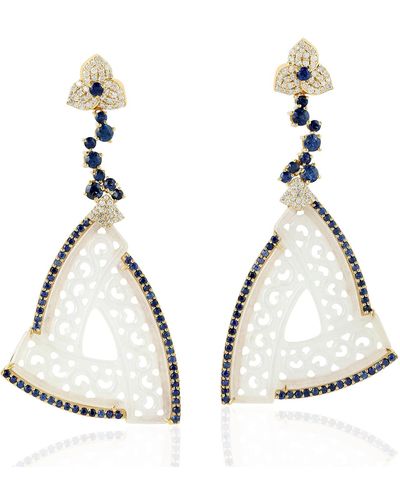 Artisan Pave Diamond Carving Jade Blue Sapphire Dangle Earrings 18k Yellow Gold Jewelry - White