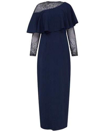 Raishma Quinn Navy Features An Asymmetric Frill Neckline Detail With Sheer Panel Over Shoulders & Three-quarter Sleeves Gown - Blue