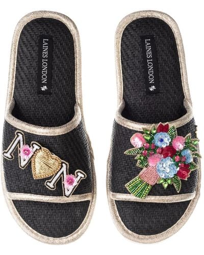 Laines London Straw Braided Mother's Day Sandals With Flower Bouquet & Nan Brooches - Black