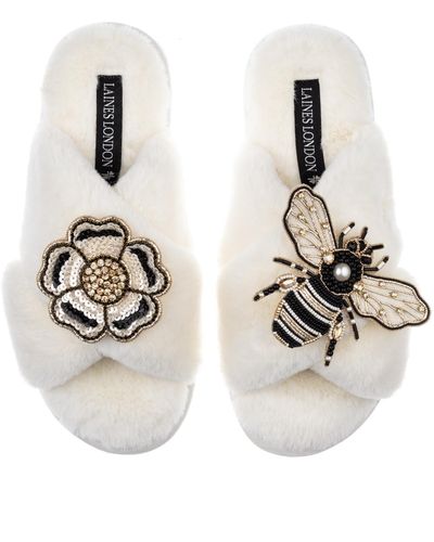 Laines London Classic Laines Slippers With Bee & Flower Brooches - Metallic