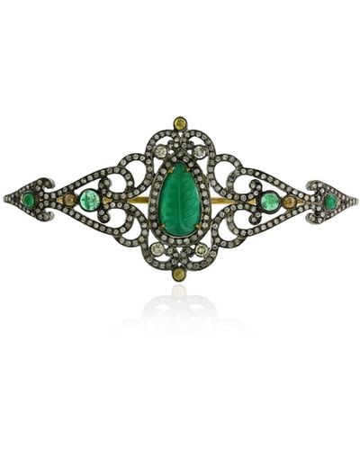 Artisan Carving Emerald & Diamond Pave Elegant Palm Bracelet In 18k Gold With Sterling Silver - Green