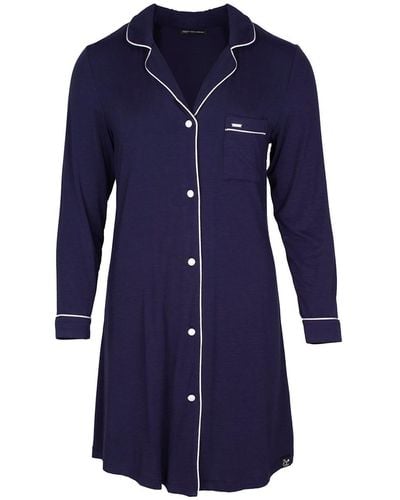Pretty You London Bamboo Long Sleeved Classic Nightshirt In Midnight - Blue