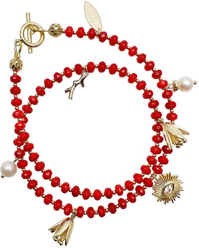 Farra Double Layer Coral With Evil Eye Charm Multi-way Bracelet - Red