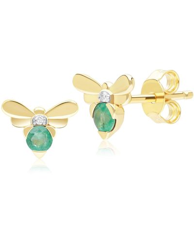 Gemondo Honeycomb Inspired Emerald & Diamond Bee Stud Earrings In Yellow Gold - Metallic
