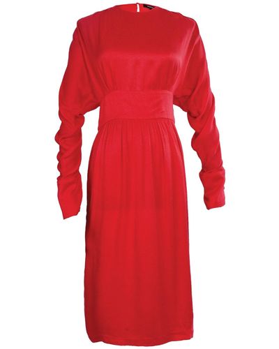 Smart and Joy Long-sleeved Fitted Dress With Off-shoulders - Red