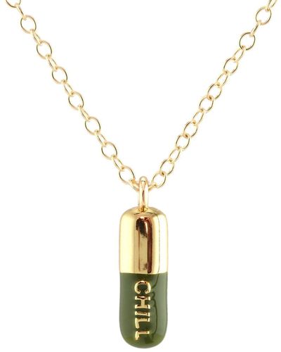 Kris Nations Chill Pill Enamel Necklace Gold Filled & Olive Green Enamel - Metallic