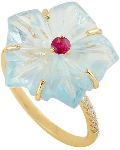 Artisan Flower Shape Ring Ruby Yellow Gold Diamond Mix Stone Jewelry - Blue