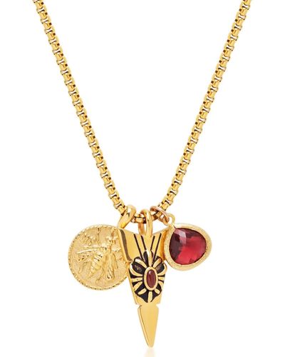 Nialaya S Golden Talisman Necklace With Arrowhead, Red Ruby Cz Drop And Bee Pendant - Metallic