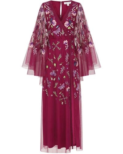 Frock and Frill Indra Floral Embroidered Maxi Dress With Cape Sleeves