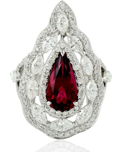 Artisan 18k White Gold Pave Diamond Ruby Lite Cocktail Ring Handmade Jewelry - Multicolor