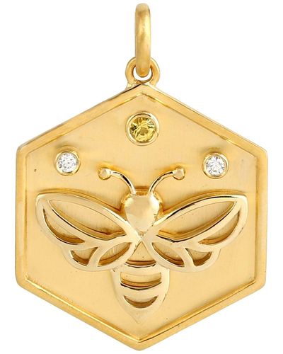 Artisan Natural Diamond 14k Gold Honey Bee Pendant Sapphire Gemstone - Metallic