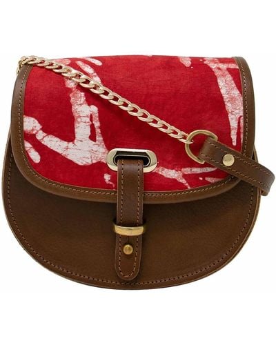 N'damus London Mini Victoria Amaka Red & White African Print Full Grain Tan Leather Crossbody Saddle Bag With Gold Chain - Brown