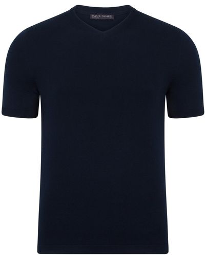 Paul James Knitwear S Ultra Fine Cotton Hudson High V Neck Knitted T-shirt - Blue